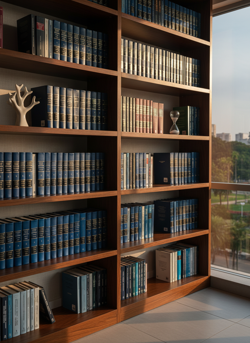An elegant, well-organized bookshelf in a contemporary legal office, filled with neatly arranged family law and succession volumes in deep blue and burgundy covers, interspersed with small decorative elements like a ceramic tree sculpture and a minimalist hourglass. The shelves sit against a light, textured wall, with a large window to the side hinting at treetops from a city park in Maringá, softly blurred. Golden hour sunlight streams in at an angle, creating warm bands of light and shadow across the spines. Photographic realism, shot slightly off-center with sharp focus throughout, conveys stability, knowledge, and a humanized, approachable legal practice.