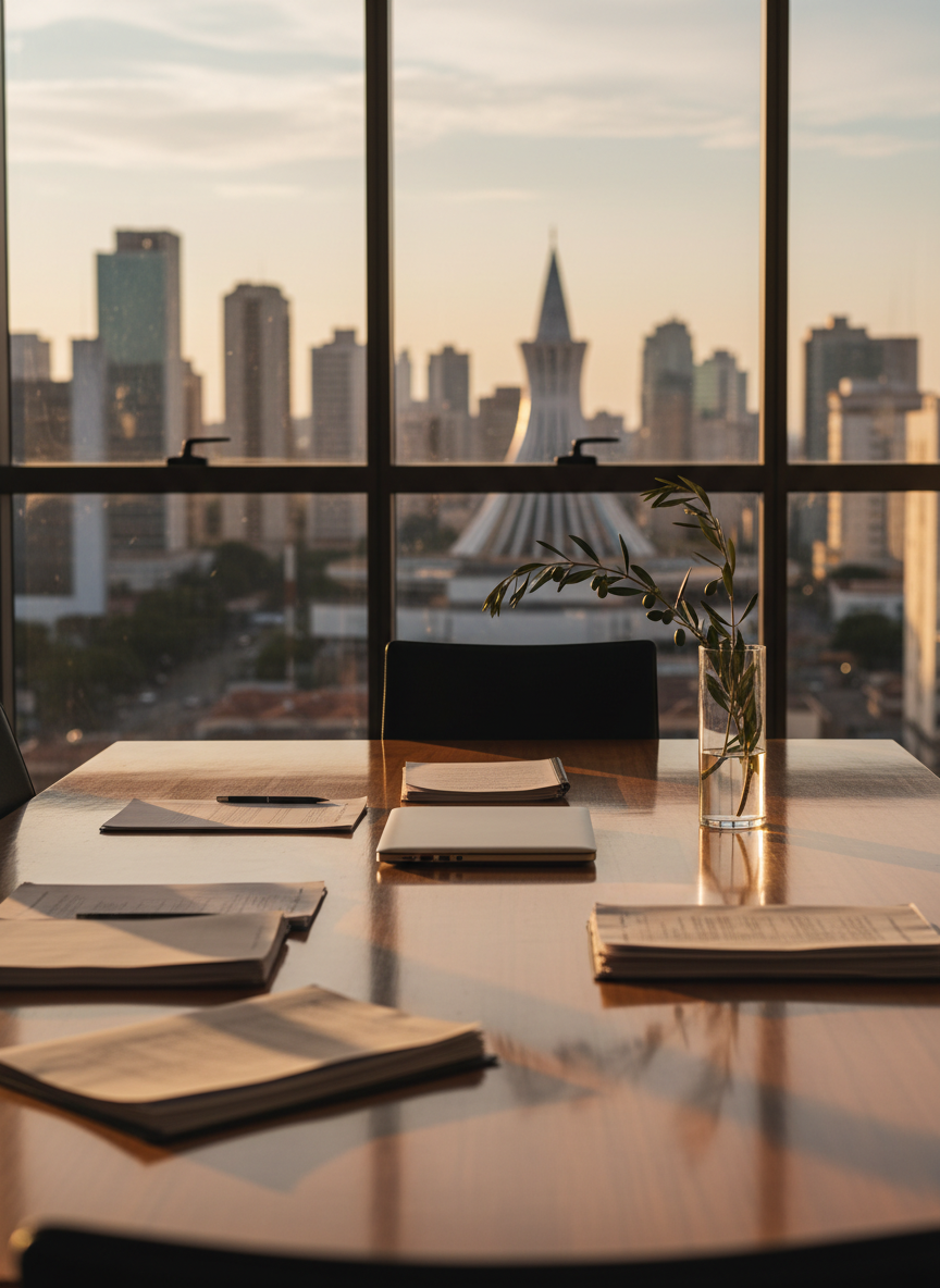 A polished wooden meeting table in a calm, modern law office, with neatly arranged open case files, a closed silver laptop, and a simple glass vase with a single green branch, symbolizing family law guidance. Through a large window, the recognizable skyline of a mid-sized Brazilian city like Maringá appears softly blurred. Warm late-afternoon natural light pours in, creating gentle highlights on the wood grain and soft shadows along the table’s edge. Photographic realism at eye level, with the table in sharp focus and the background softly defocused, conveys a welcoming, professional, and humanized legal atmosphere, ideal for a family and succession law homepage hero image.