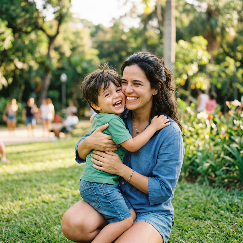 Smiling mother embracing laughing child in a sunny park